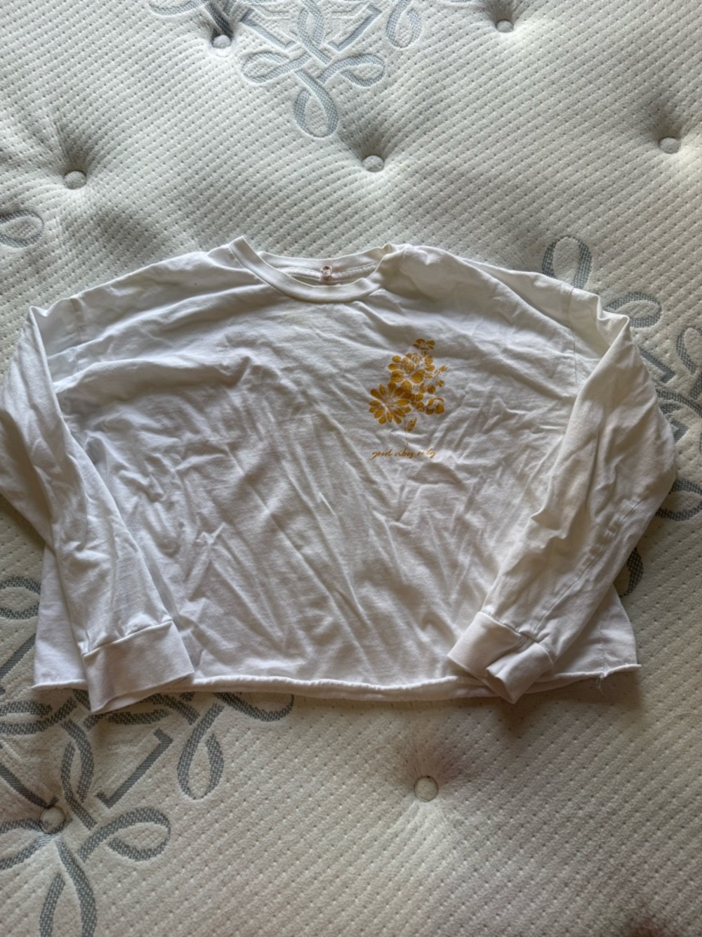 White Long-Sleeve Tee with Yellow Floral Graphic